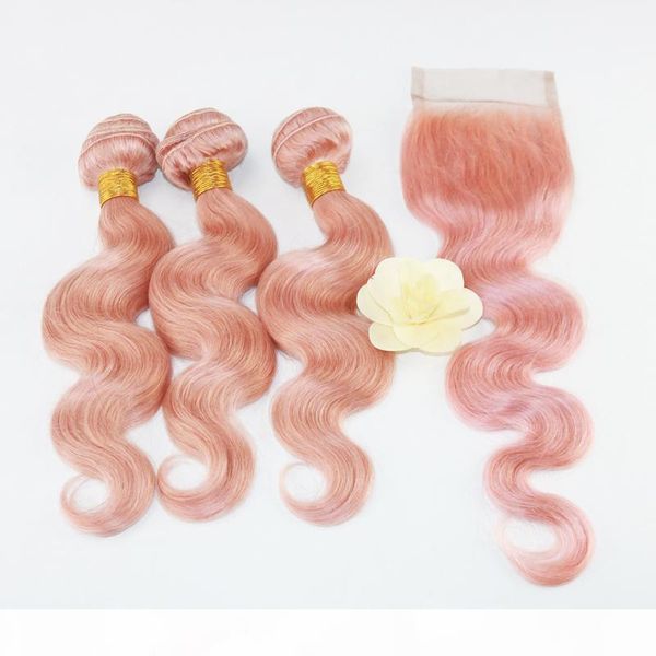 

wholesale price brazilian virgin hair 3 bundles with closure unprocessed 100% human hair bundles with lace closure color pink# body wave, Black