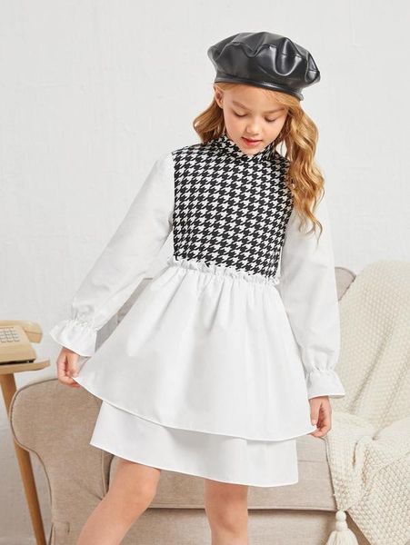 

girls houndstooth panel flounce sleeve two layer hem dress she, Red;yellow