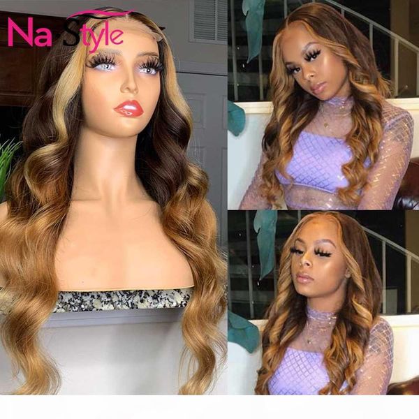 

colored body wave lace front wig ombre human hair wigs for black women natural hairline highlight wig pre plucked 150 remy, Black;brown