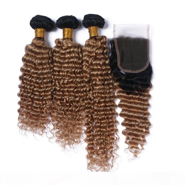 

brazilian honey blonde ombre human hair wefts with closure deep wave 1b 27 strawberry blonde 2tone ombre 3bundles with 4x4 lace closure, Black;brown