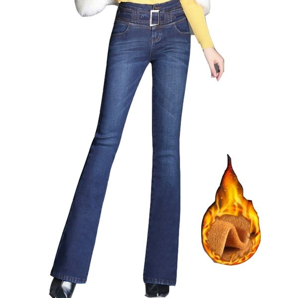 

denim jeans for women high waist flare jeans woman winter female plus size fleece thicken warm skinny pants female femme 210202, Blue