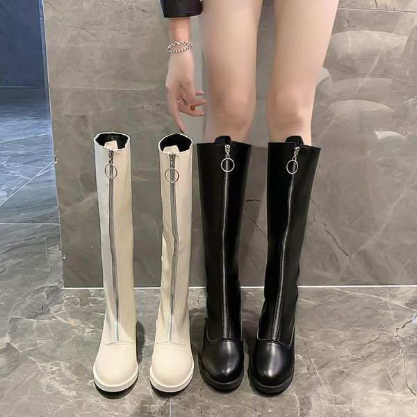 

front zipper women's boots fashion knee-high knight boots woman cool winter shoes long autumn, Black