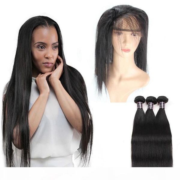 

8a brazilian virgin hair bundles straight hair 360 lace frontal with 3 bundles 100% unprocessed virgin human hair extensions, Black