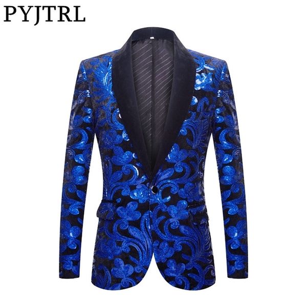 PYJTRL Series Uomo Royal Blue Black Velvet Floral Shiny Paillettes Blazer Wedding Groom Prom Singer Slim Suit Jacket Y201026