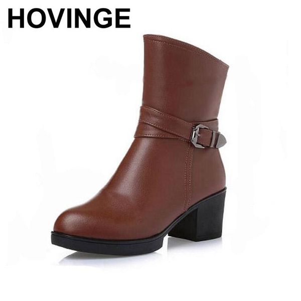 

boots hovinge brand shoes women warm wool snow genuine leather woman winter in-tube, Black