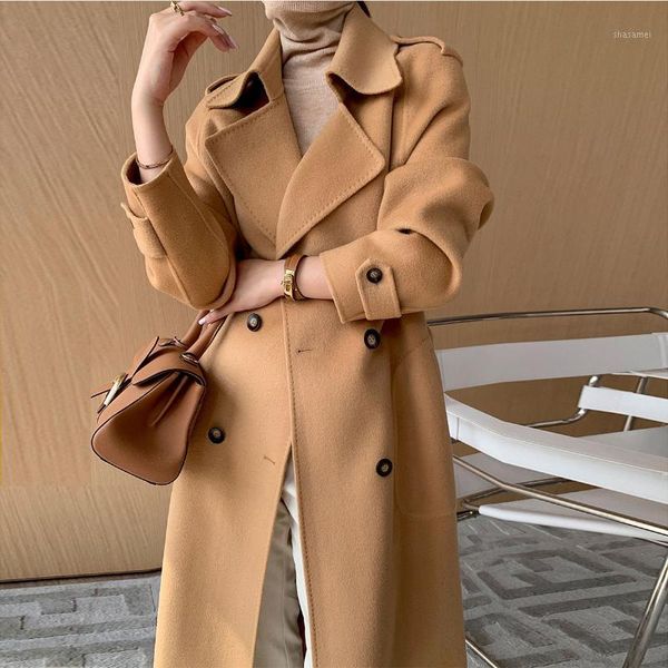 

women 2021 autumn winter elegant cashmere coat female wool coats long double-sided cashmere overcoat loose casual outerwear s5611, Black