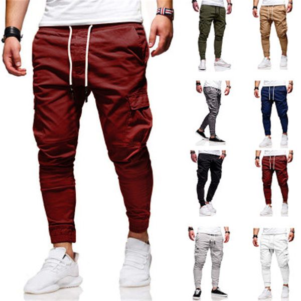 

man pure color cargo pants fashion trend drawstring sports skinny fitness baggy trousers designer male autumn new elastic waist pocket pants, Black