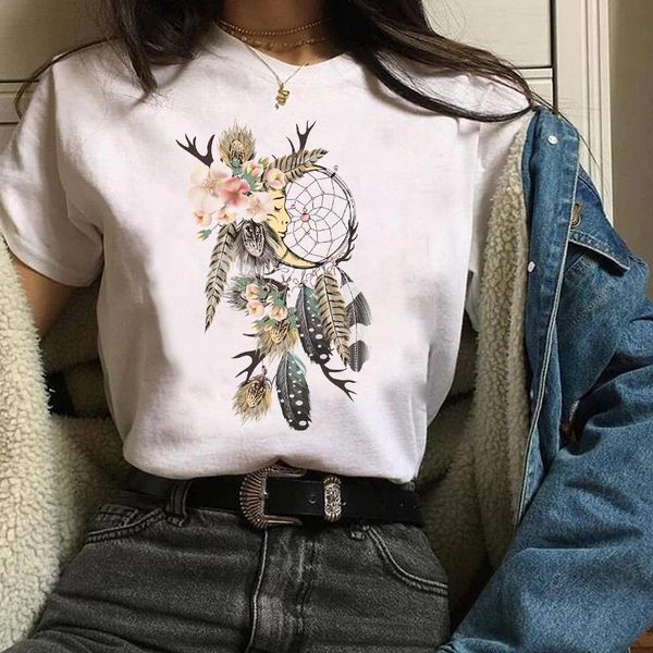 

women clothes lady tees graphic feather dream web vintage 90s short sleeve flower clothing female t shirt womens t-shirt, White