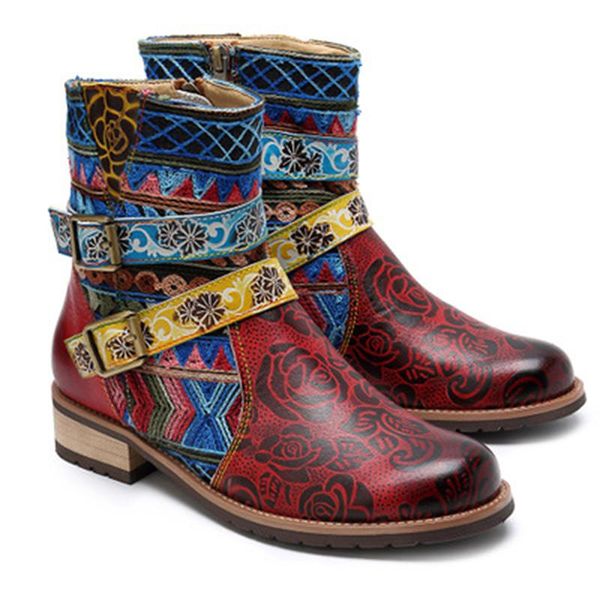 

women boots retro printed metal buckle pu leather zipper ankle boots vintage ladies shoes women botines mujer 2020, Black