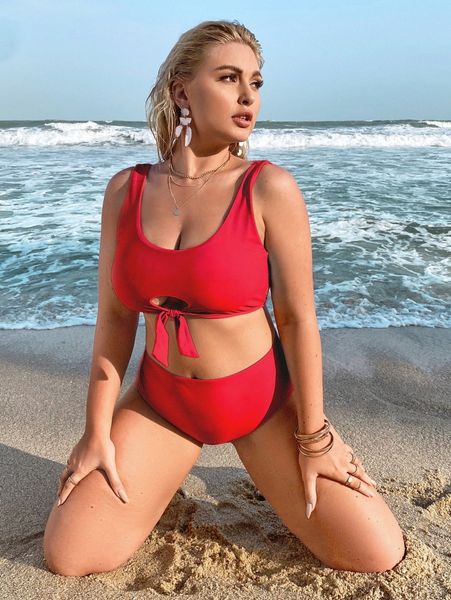 

plus knot hem high waisted bikini swimsuit m9d9#, Black