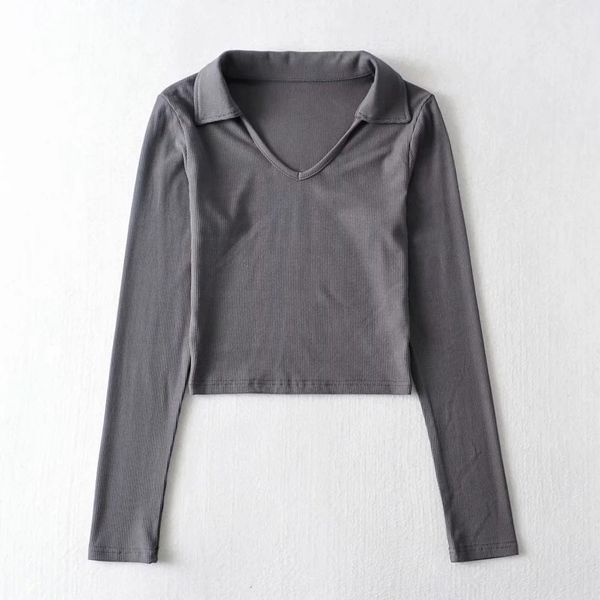 

2021 new and american fashion short long sleeve t-shirt women blogger ins women's solid color bottoming shirt slim lapel f5g9, White