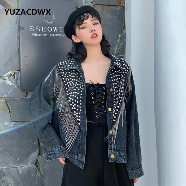 

2019 new women autumn hand-studded rivet tassel chain short jeans coat woman's loose jacket coat fashion streetwear denim jacket1, Black;brown