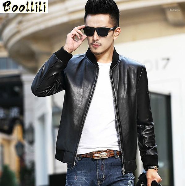 

boollili men's leather jacket short genuine sheepskin leather coat for men spring autumn bomber jacket veste cuir homme1, Black
