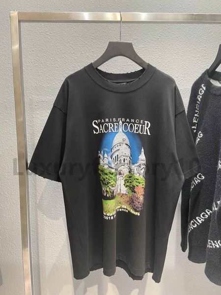 Camisetas Versão mais alta Sacre Coeur Castle Impresso Mulheres Homens Oversized Camisetas T-shirt T-shirt T-shirts Estilo de Verão Algodão Camiseta com Tags e Etiqueta