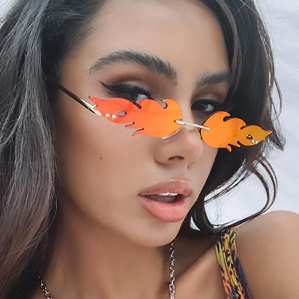 

sunglasses fashion fire flame rimless narrow streetwear for women men k21, White;black