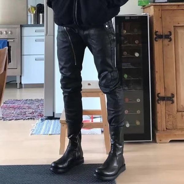 

men wax coating slant zipper skinny black jog jeans, Blue