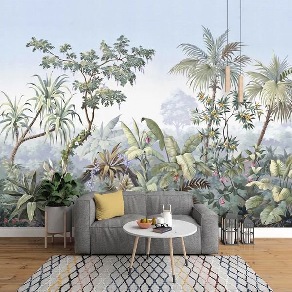 Foto feita sob encomenda Wallpaper Mão pintada retro Floresta Tropical Banana Coqueiro Mural jantar Sala de estar Quarto Wall Art