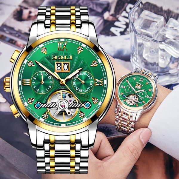 

2021lige green fashion mechanica mens watches brand luxury tourbillon waterproof sport automatic mechanica watches for men+box, Slivery;brown