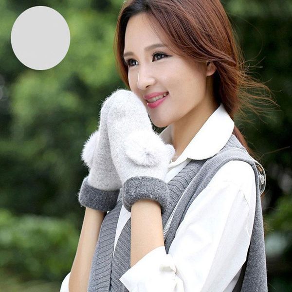 

five fingers gloves winter warm wool with small ball mittens fur full fingerless women, Blue;gray