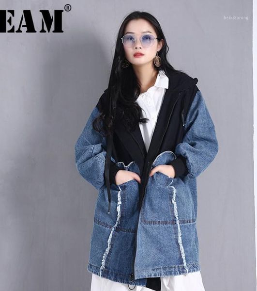 

new spring autumn hooded long sleeve hit color denim split joint loose big size jacket women coat fashion tide bd48101, Black;brown