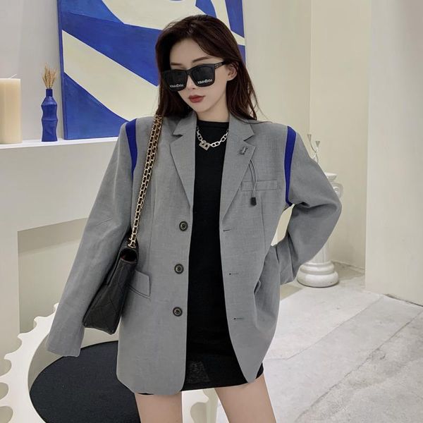

ewq] 2021 spring female office lady notched collar long-sleeved blazer coat single breasted loose gray minimalist 8y558, White;black