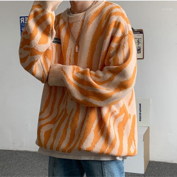 

2020 winter men's new solid color personalized stripe loose fashion trend casual atmosphere crew neck sweater coat size -5xl1, White;black