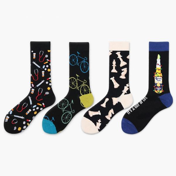 

men's socks cotton fashion pills chess red wine pocket watch beer stamps women's street retro stockings, Black