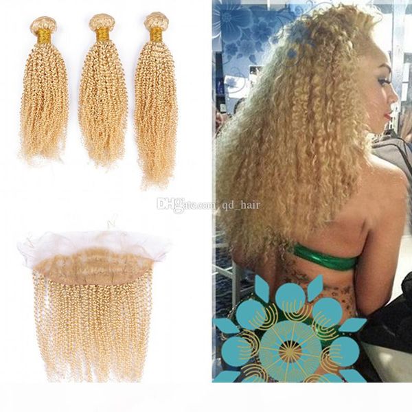 

pure color #613 blonde kinky curly ear to ear full lace frontal closure with malaysian virgin human hair weft, Black