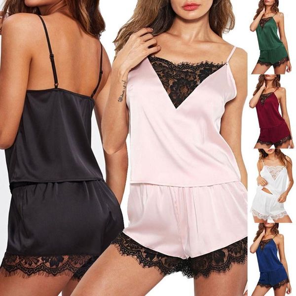 

heflashor women sleeveless summer pajamas sleepwear sling nightwear lace trim satin shorts pajama sets1, Black;red