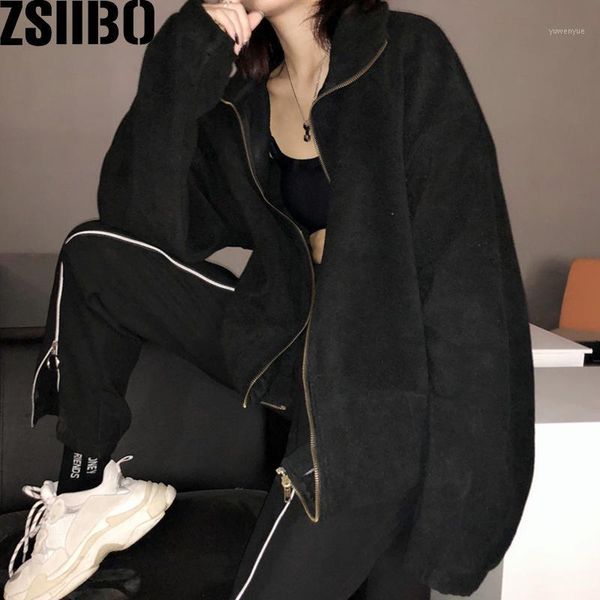 

gentle girl autumn and winter students harajuku style men and women couples fleece loose plus velvet jacket hoodie sweatshirt1, Black;brown