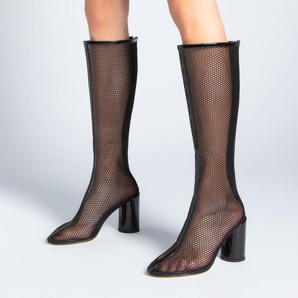 

boots 2021 fashion womens knee high breathable mesh shoes square heels lady platform female summer cool, Black