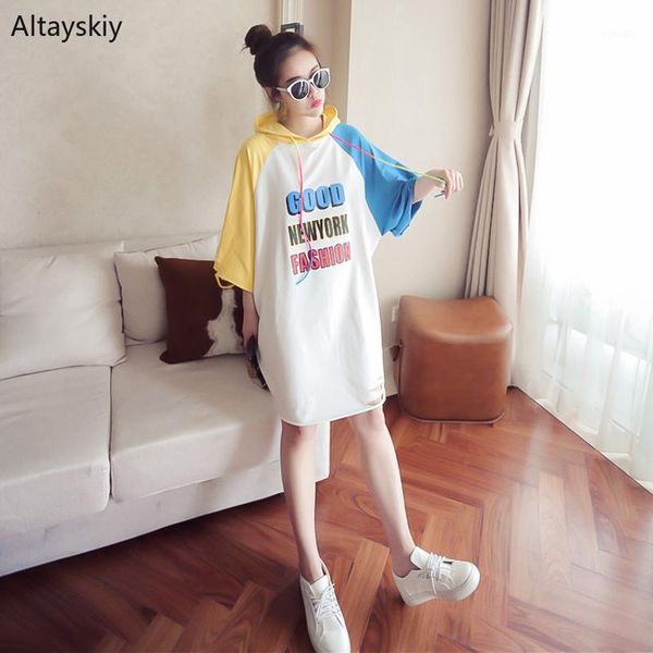 

hoodies women patchwork letter trendy chic half sleeve summer womens pullover korean style loose casual thin long female girls1, Black