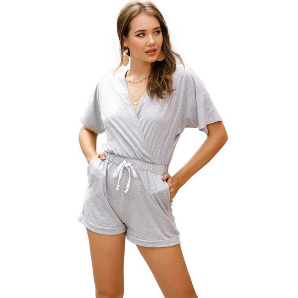 

jumpsuits for women 2021 loose solid color v-neck high waist short-sleeve pocket jumpsuit women summer beach style short romper, Black;white
