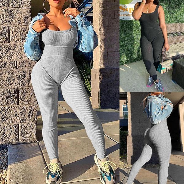 

yoga outfits slim pants fitness sleeveless long jumpsuit women solid o-neck knitted elastic leggings sportswear1, White;red
