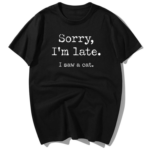 

funny sorry i'm late i saw a cats letter print summer casual short sleeve harajuku streetwear sport hooded sweatshirt hoodie men t shir
