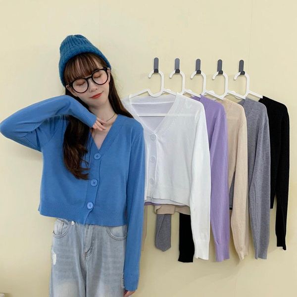 

women's knits & tees autumn and winter 2021, long sleeve loose knitted sweater cardigan, v-neck solid color short fashion, White