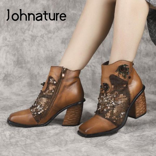 

johnature 2020 new winter women boots genuine leather zip women shoes concise bling handmade retro casual ankle platform boots, Black