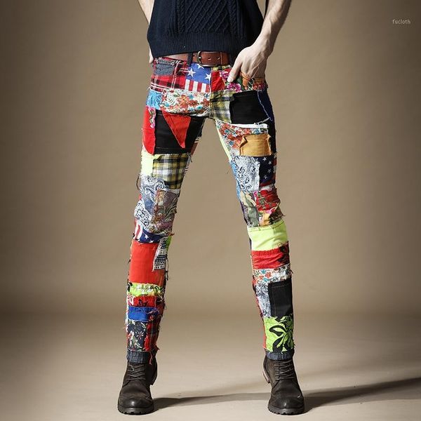 

new fashion male men's jeans spring slim patch stitching punk street hip-hop personality beggar pants trousers1, Blue