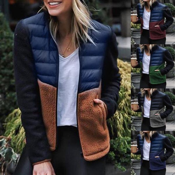 

women's jackets 2021 autumn zipper plush warm down women casual jacket winter patchwork retro ladies basic street coat1, Black;brown