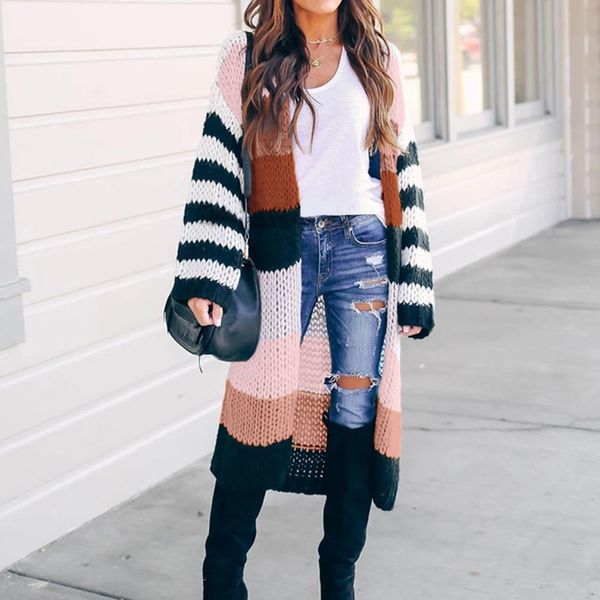 

women striped long cardigans autumn winter knitted sweaters casual sweater coats fashion oversized patchwork cardigan sweaters, White;black