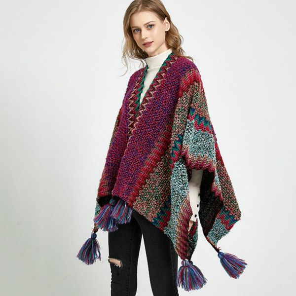 

scarves national cloak shawl knitted hanging hair balls tassels scarf big cardigan autumn winter wrap poncho, Blue;gray