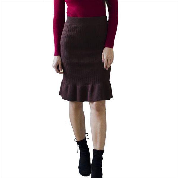 

ladies elastic band women skirts autumn winter warm office knitted bodycon straight skirt ruffles ribbed mid long skirts female, Black