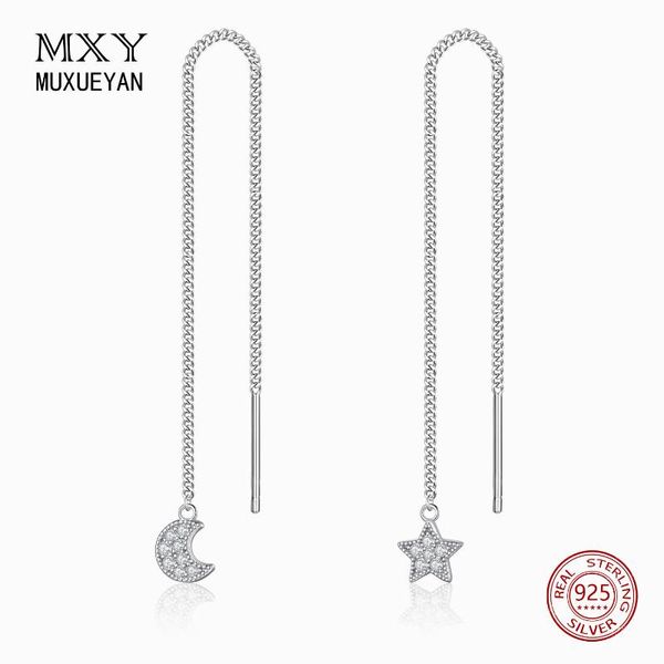 

925 sterling silver long tassel moon and star pendent hanging earring for women asymmetric chain jewelry muxueyan