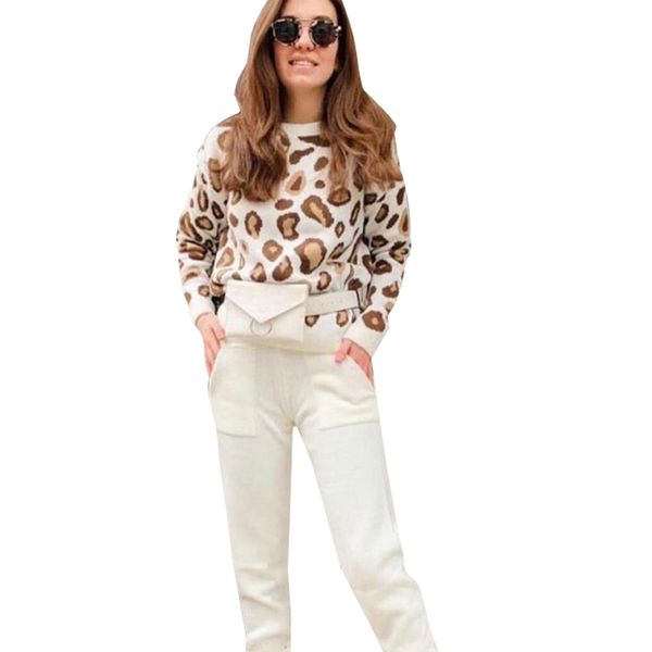 

mvgirlru autumn and winter women suits leopard knitted o-collor pullover sweater and pants two piece set, Gray