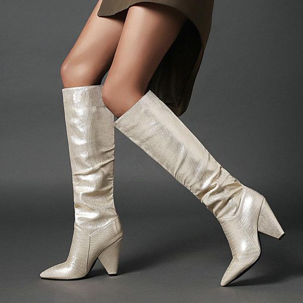 

boots 2021 autumn winter fashion knee high women pleated slip on ladies pointed toe wedges heel long woman, Black
