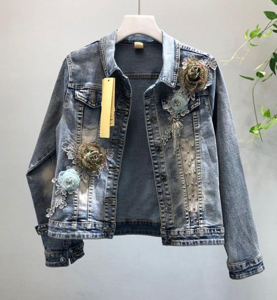 

2020 spring fall women korean fashion denim coat hole embroidery blue flower long sleeve slim jeans coat ladies street coats, Black;brown