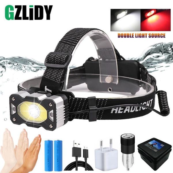 

usb rechargeable led headlamp with gesture sensor xpg + cob headlight powerful 5 lighting modes waterproof 18650 fishing light1