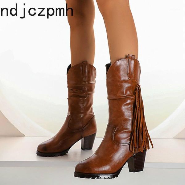 

autumn and winter new arrival 2020 women boots classic fashion tassel round toe mid boots plus size 34-48 black1, Black