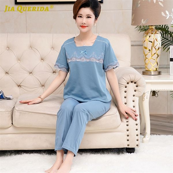 

women's plus size sleepwear pajamas set for women cotton solid blue bow decorated square collar summer new ladies pyjamas pjs y200708, Black;red