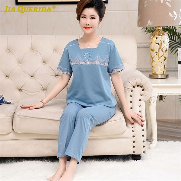 Mulheres Plus Size Sleepwear Pijamas Set para Mulheres Algodão Sólido Blue Bow Decorado Quadrado Collar Verão New Senhoras Pijamas PJS Y200708